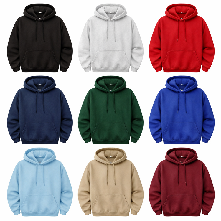 Grid layout of blank adult hooded sweatshirts in assorted colors