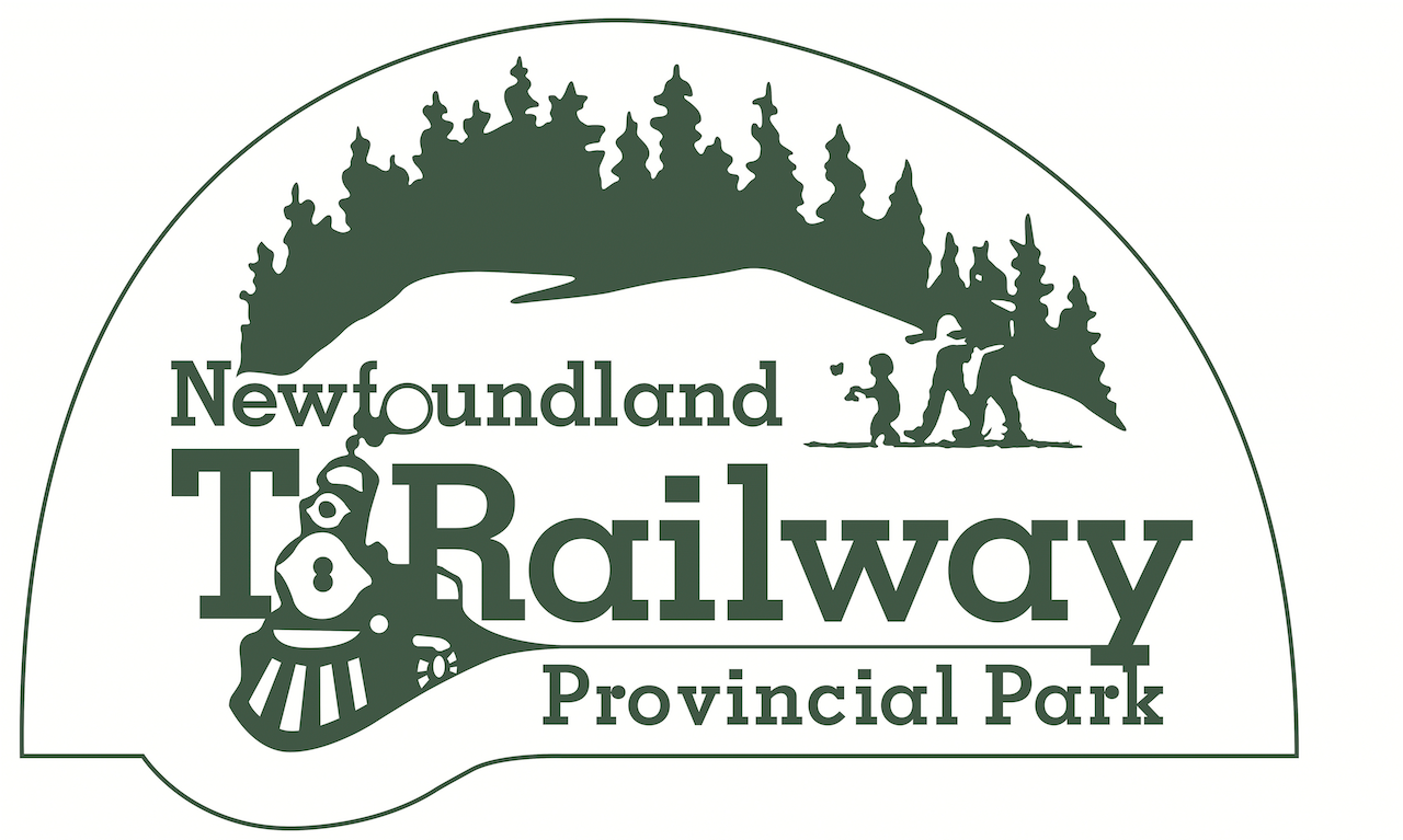 Provincial Parks T'Railway logo with train, snowy hills, trees and people enjoying the outdoors