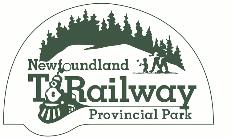 Provincial Parks T'Railway logo with train, snowy hills, trees and people enjoying the outdoors