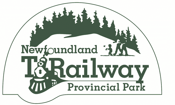 Provincial Parks T'Railway logo with train, snowy hills, trees and people enjoying the outdoors